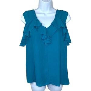 Express Teal Blue Ruffle Blouse V Neck Flowy Sleeveless Small Womens Top